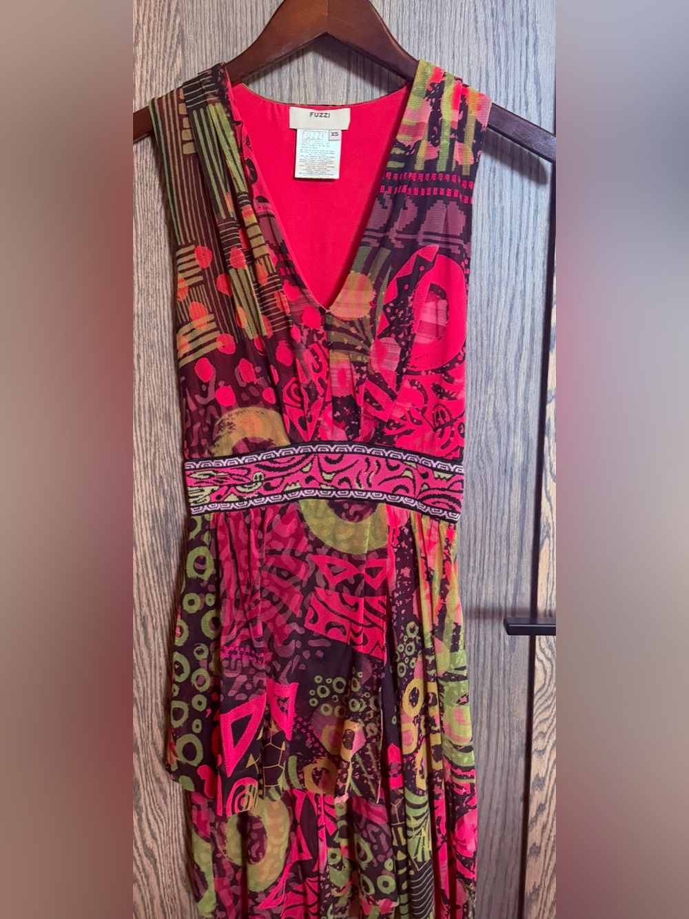 Fuzzi V-Neck Mini Dress in Pink & Green Print, Made in Italy